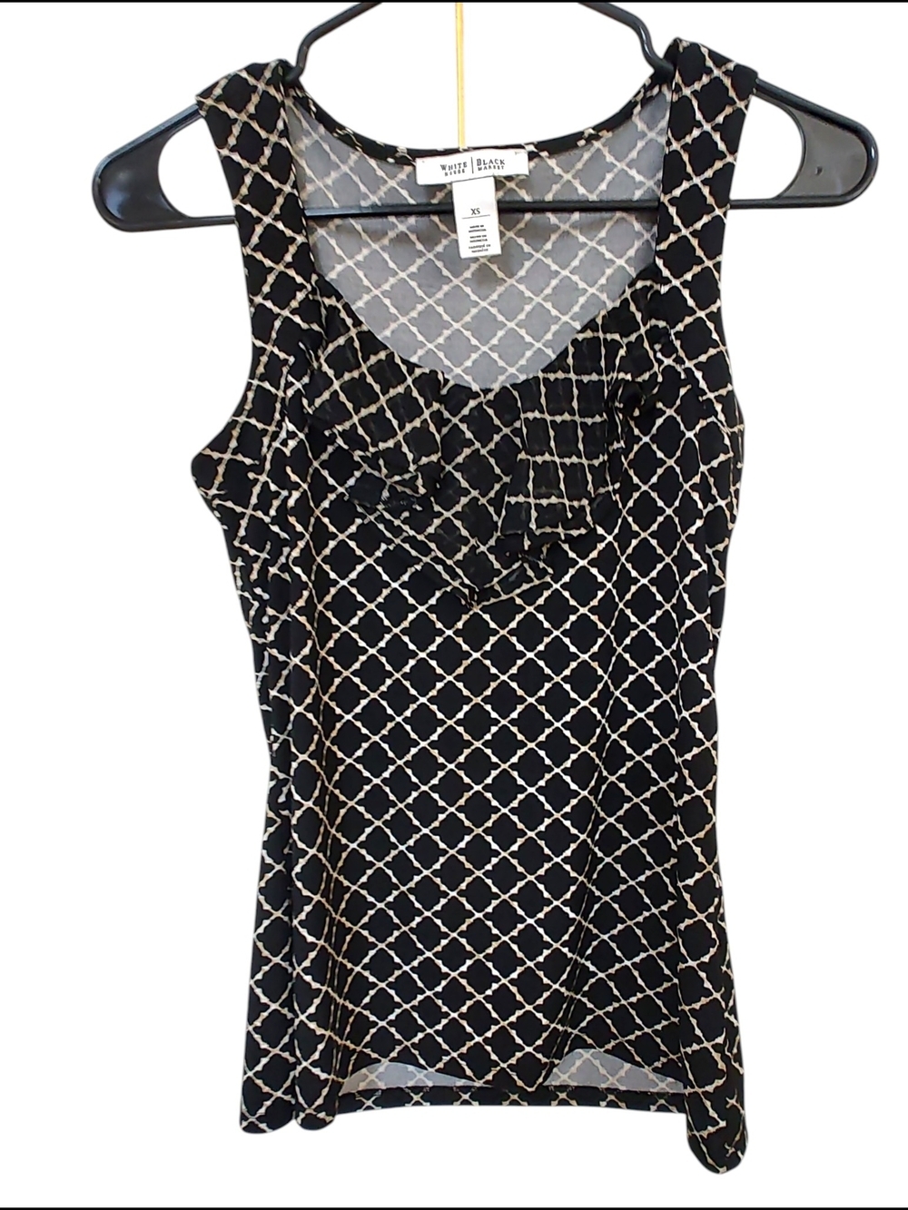 White House Black Market Black & Cream Geometric Ruffle Tank, XS